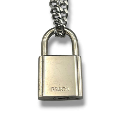 Prada Silver Plated Padlock Cadena Necklace Top Charm 2 Keys Curb Chain 50cm