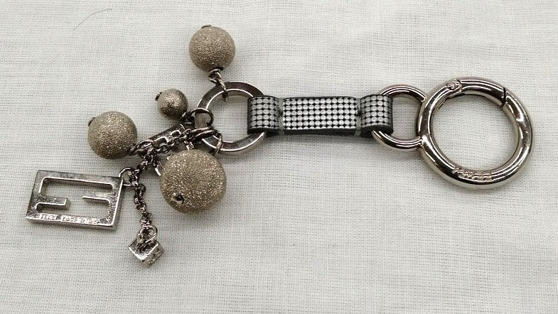 FENDI Logo Bag Charm Key Ring Keychain Silver Tone Metal Ball Chain Made Italy