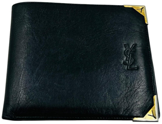 YSL Yves Saint Laurent Bifold Wallet Card Case Black Leather Gold Silver HW Auth
