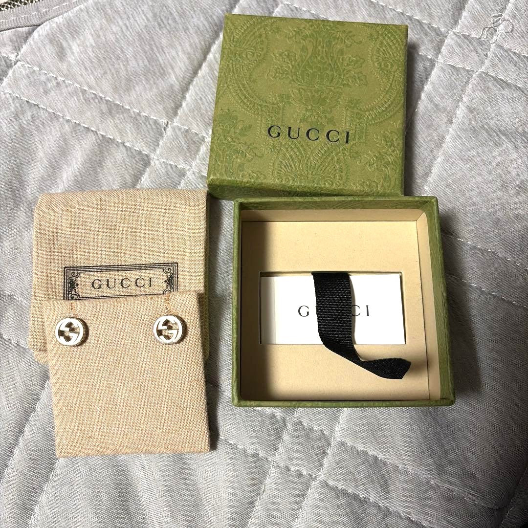 GUCCI Interlocking G Stud Earrings Silver 925 Logo Round Authentic Japan Used
