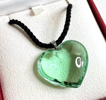 Baccarat Heart Pendant Necklace Green Crystal Glass Silver Bail Black Cord Box
