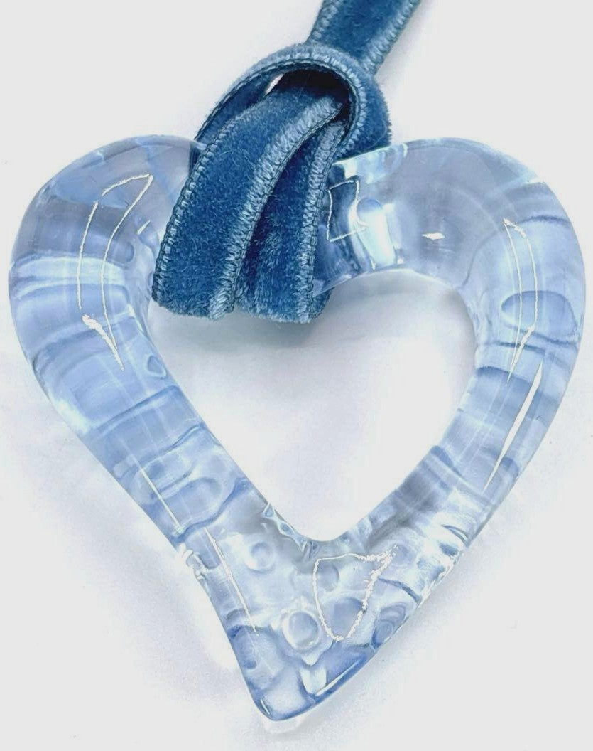 Baccarat Open Heart Pendant Necklace Light Blue Sable Crystal Glass Ribbon Cord