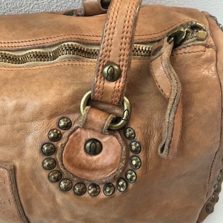 CAMPOMAGGI Studded Leather Boston Bag Camel Tan Italy 2way Vintage Distressed