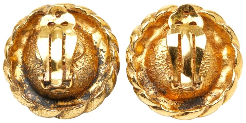 CHANEL CC Logo Gripoix Vintage Round Clip Earrings Gold Blue Glass France
