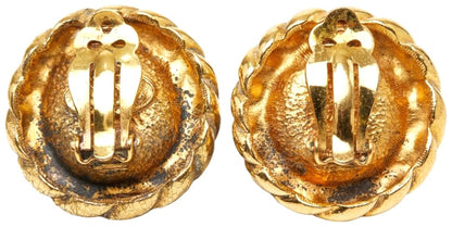 CHANEL CC Logo Gripoix Vintage Round Clip Earrings Gold Blue Glass France
