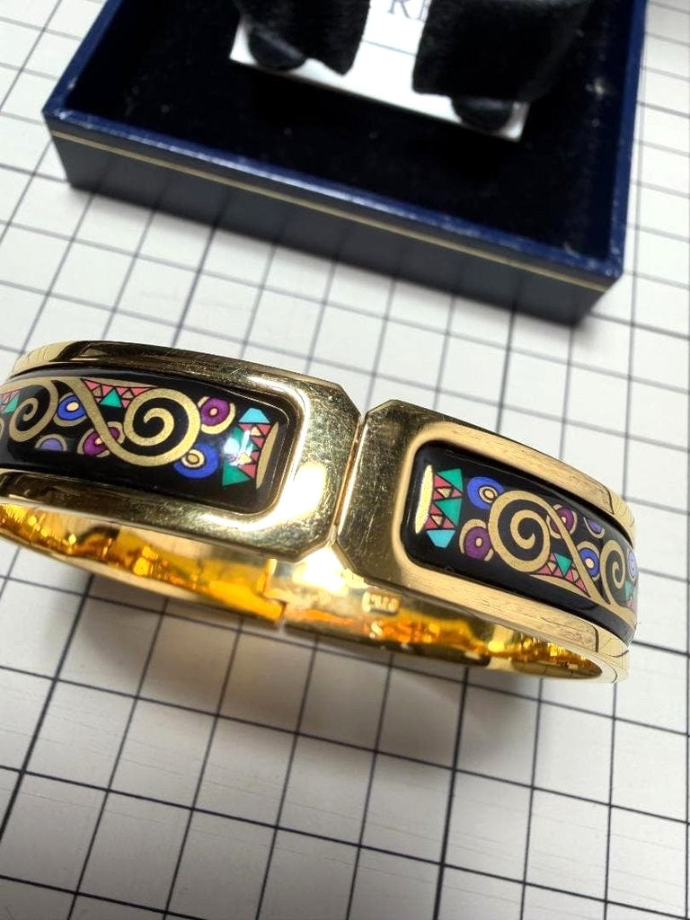 MICHAELA FREY WIEN Enamel Bangle Bracelet Gold Tone Black Vienna Austria Used