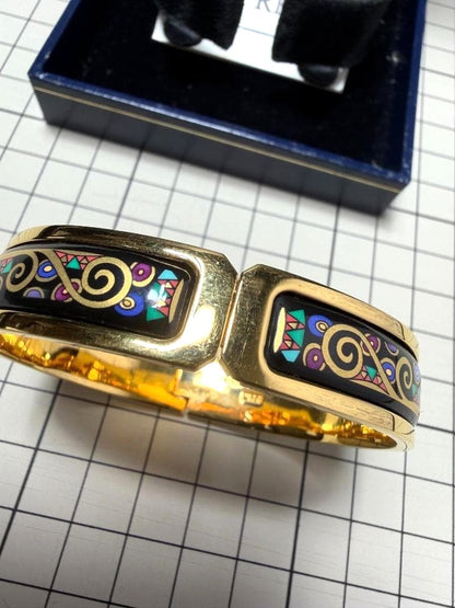 MICHAELA FREY WIEN Enamel Bangle Bracelet Gold Tone Black Vienna Austria Used