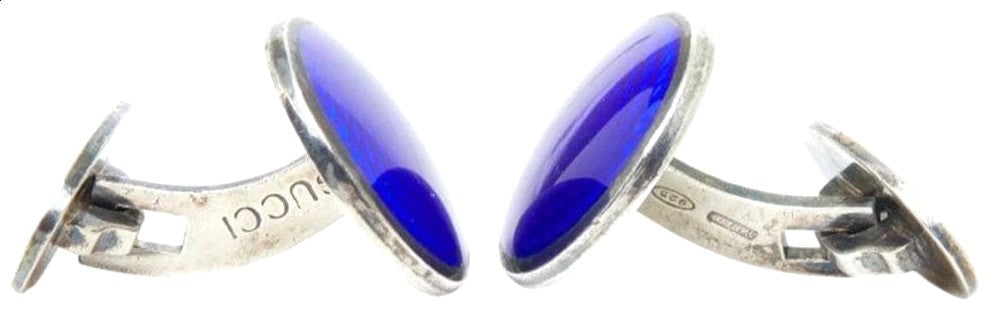 Gucci Silver 925 Blue Enamel Round Cufflinks 0.6in Men Authentic Italy