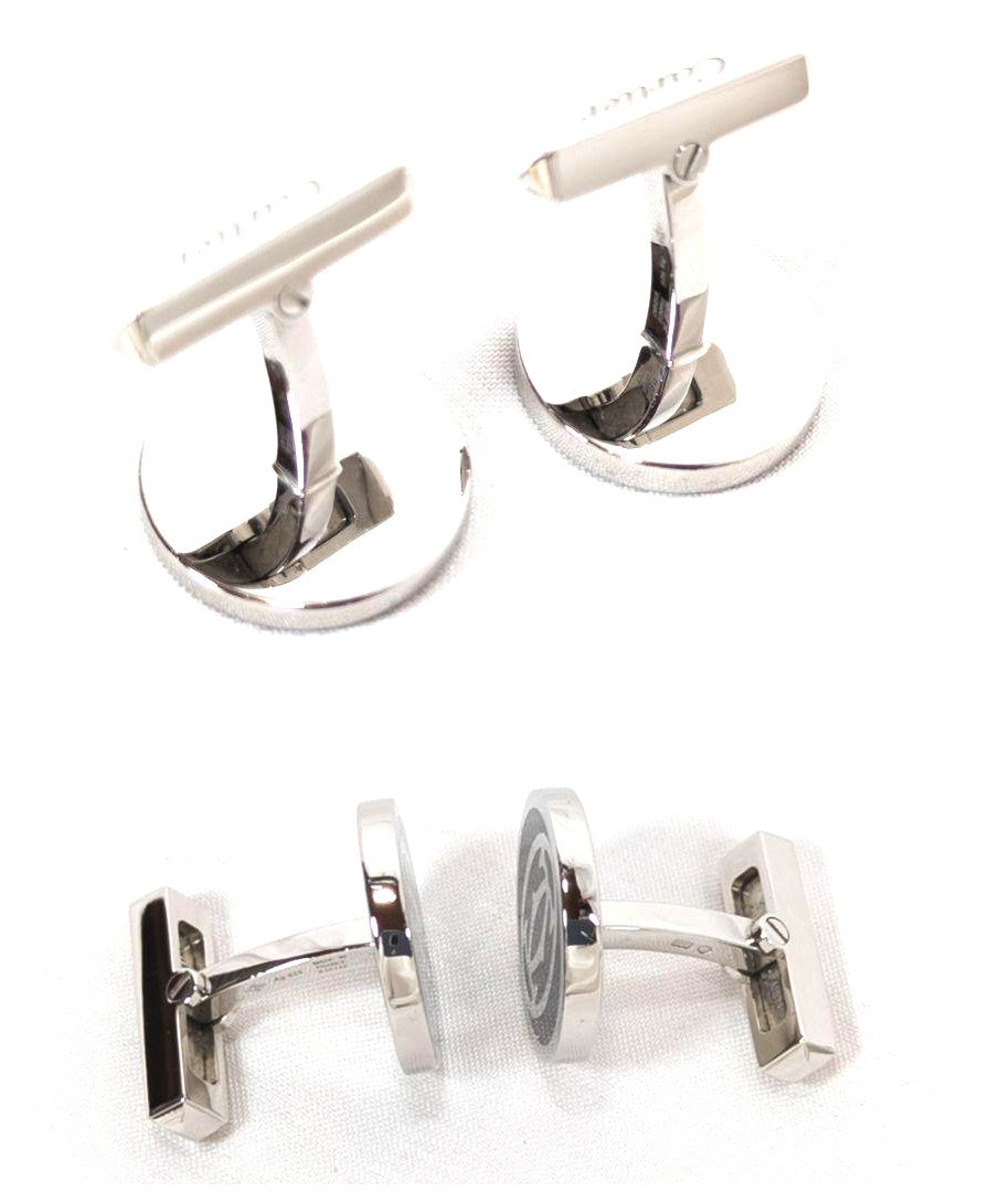 Cartier Double C Logo Cufflinks Silver 925 Black Enamel w/Box Authentic Japan