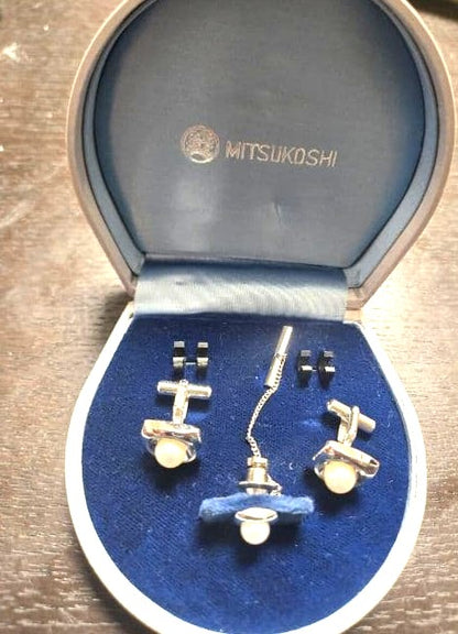 Mikimoto Pearl Silver Cufflinks Tie Tack Pin Set Mitsukoshi Box Vintage Japan