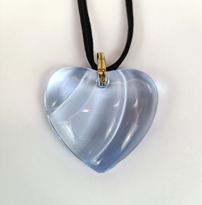 Baccarat Crystal Heart Pendant Necklace Blue Gold Tone Cord Lady's Box Pouch