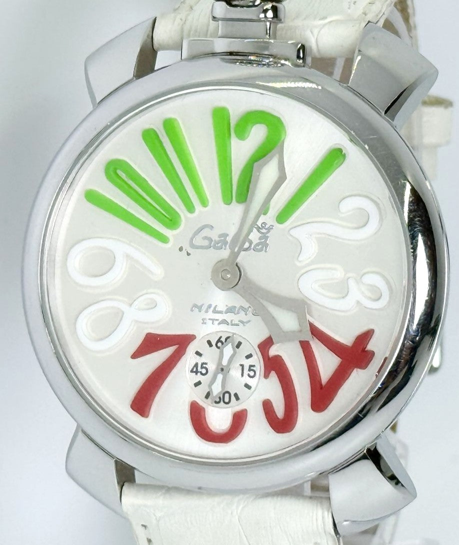 GaGa Milano Manuale 48 Watch White Dial Green Red Numerals Leather Italy Unisex