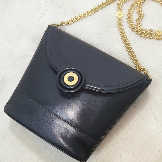Tiffany & Co Black Leather Gold Tone Shoulder Chain Bag Sacoche Circle Logo