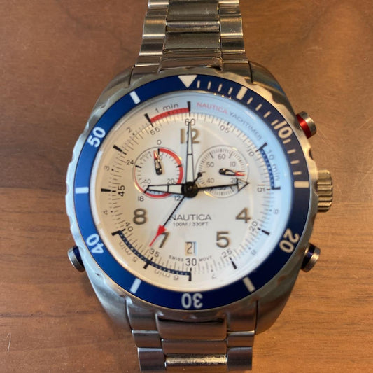NAUTICA Yachtimer A34502 Chronograph Mens Watch White Dial Steel Swiss Made 44mm