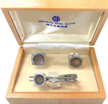 Mikimoto Pearl Island Cufflinks Tie Clip Set Silver Mother of Pearl 1.8x0.6in