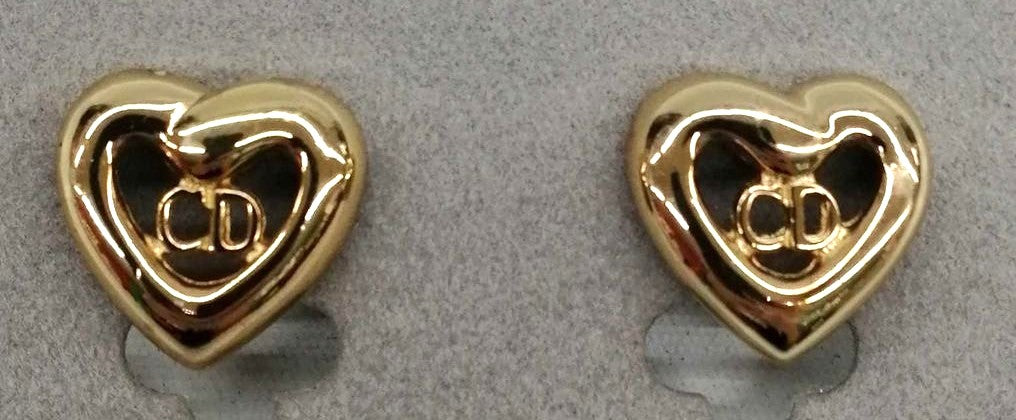 Christian Dior CD Heart Clip-On Earrings Gold Tone Vintage Authentic Germany