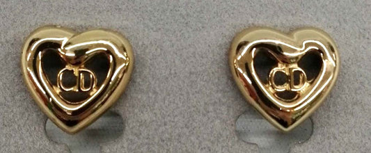 Christian Dior CD Heart Clip-On Earrings Gold Tone Vintage Authentic Germany