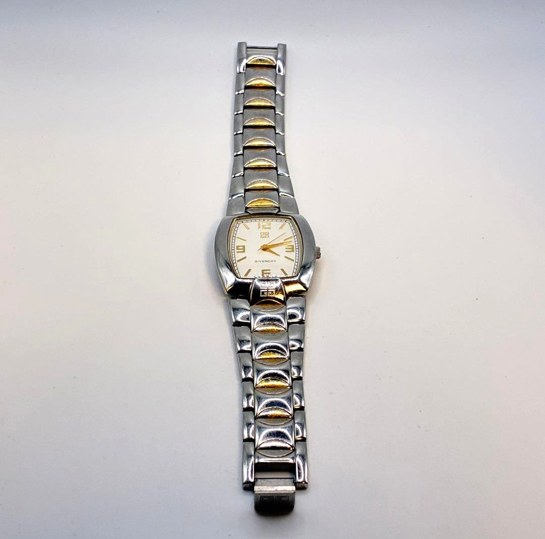 GIVENCHY Swiss Mvt Tonneau Wristwatch Silver Gold Two-Tone Stainless Steel Watch