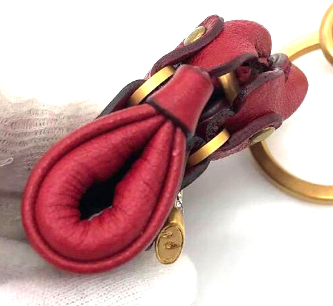 Chloe Paddington Bag Charm Key Ring Red Leather Gold HW Crystal Lock 2.2x2.2in