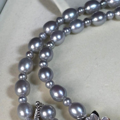 Akoya Pearl Long Necklace Blue Gray 8mm Flower Clasp Silver 25.6in Japan