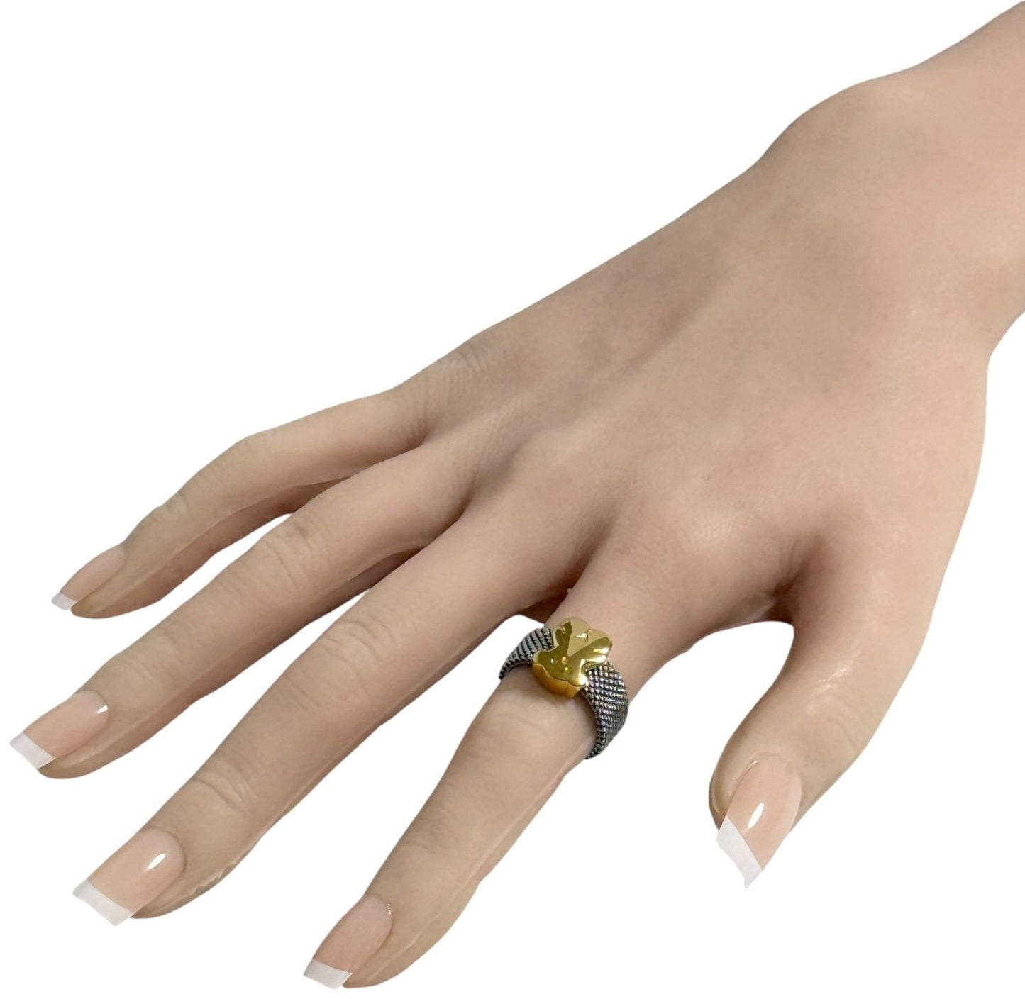 TOUS Bear Mesh Ring US6 EUR51 Wide Band K18 Gold Silver Stainless Steel Used