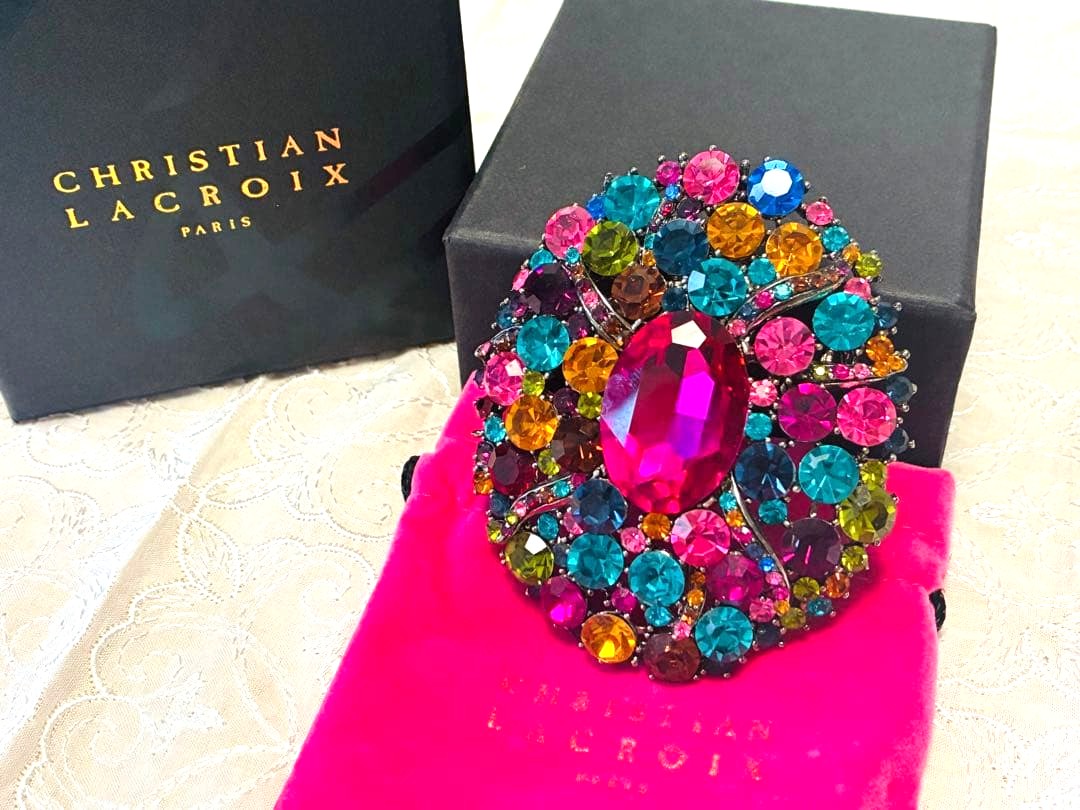 Christian Lacroix Multicolor Crystal Brooch Pin Pink Teal Gold Rhinestone Paris
