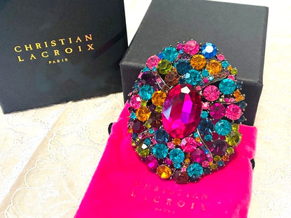 Christian Lacroix Multicolor Crystal Brooch Pin Pink Teal Gold Rhinestone Paris
