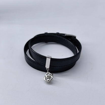 Mikimoto Leather Bracelet Bangle Silver Pearl Heart Charm 41cm Adjustable