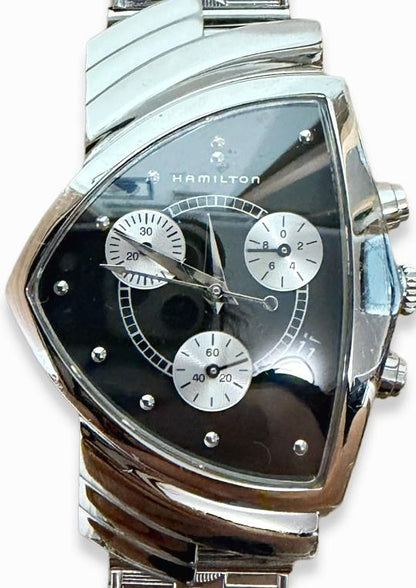 Hamilton Ventura Chrono H24412132 Quartz Black Dial SS Watch Non-OEM Band Used