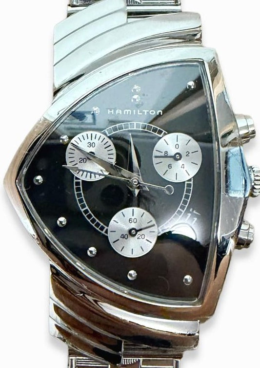 Hamilton Ventura Chrono H24412132 Quartz Black Dial SS Watch Non-OEM Band Used
