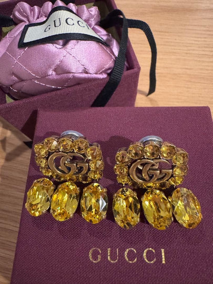 GUCCI Double G Crystal Drop Earrings Yellow Brass Vintage Style Authentic MInt