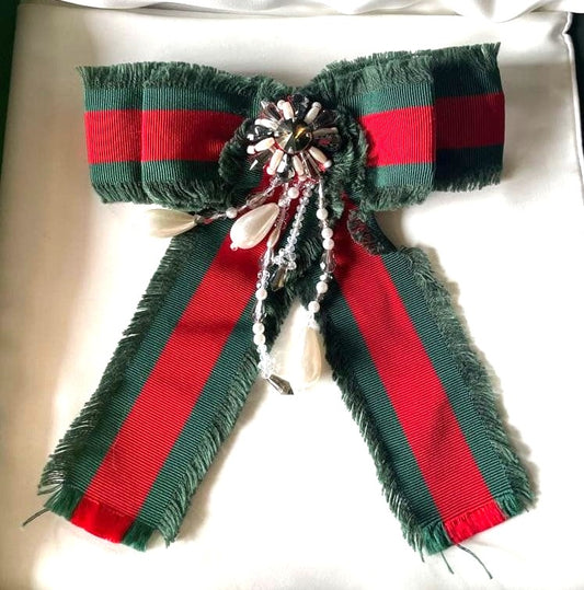 GUCCI Web Ribbon Bow Brooch Pin Green Red Stripe Silver Crystal Pearl Authentic