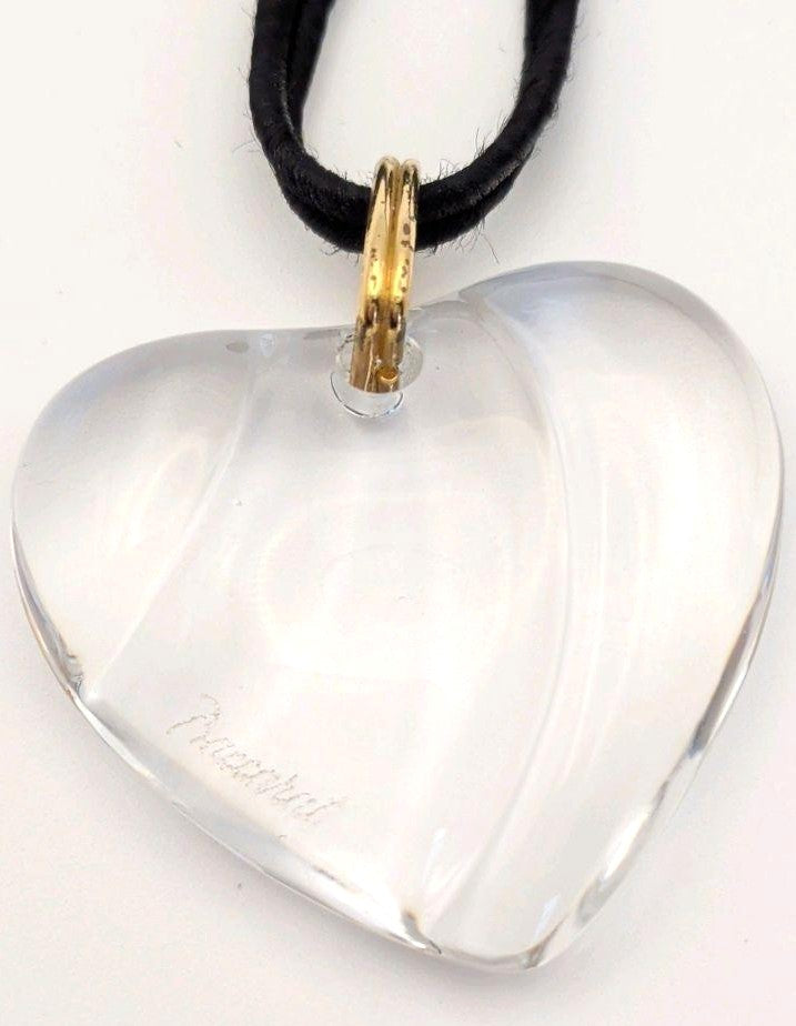 Baccarat Crystal Heart Pendant Necklace Clear Motif Gold Tone Black Cord Ladies