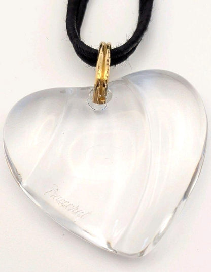 Baccarat Crystal Heart Pendant Necklace Clear Motif Gold Tone Black Cord Ladies