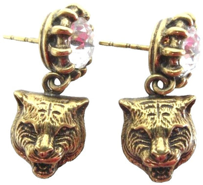 GUCCI Tiger Cat Head Drop Earrings Gold Tone Rhinestone Crystal Bijou Used