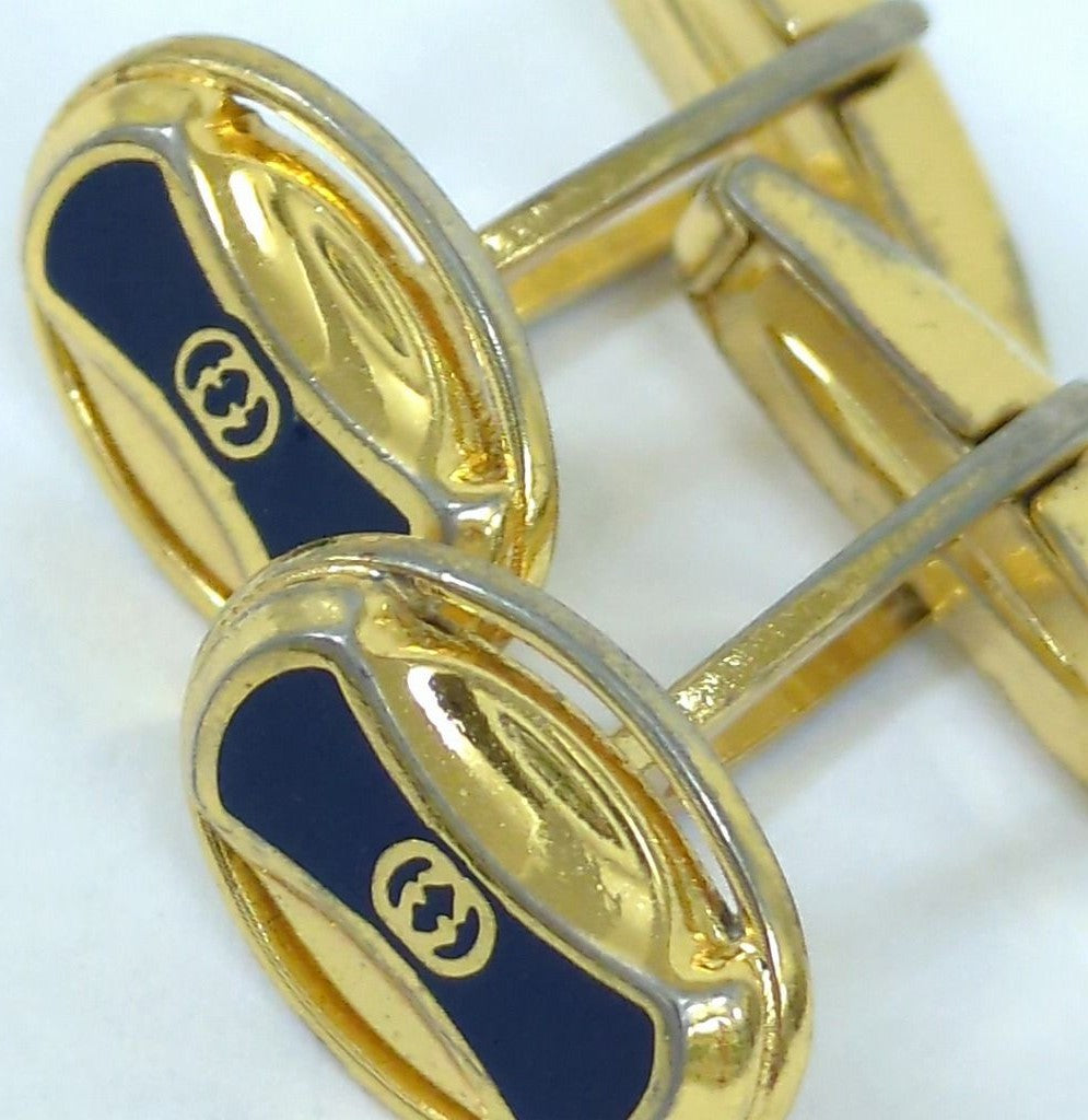GUCCI Vintage Cufflinks Navy Blue Enamel Gold Tone Interlocking G Mens Italy