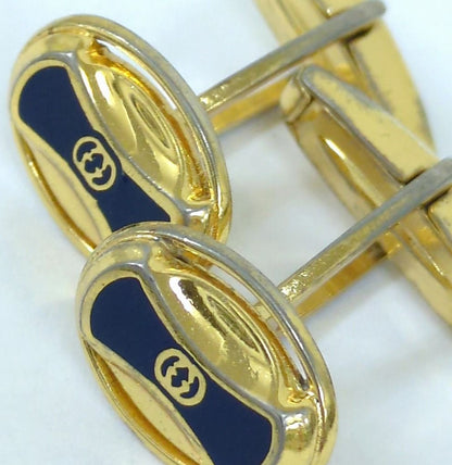 GUCCI Vintage Cufflinks Navy Blue Enamel Gold Tone Interlocking G Mens Italy