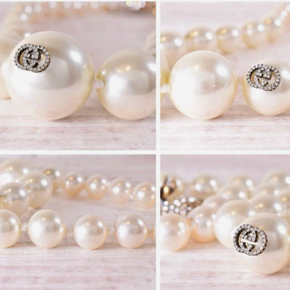 GUCCI GG Logo Crystal Rhinestone Faux Pearl Necklace Cream Graduated 50cm Auth