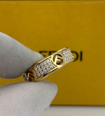 Excellent Fendi Rhinestone F Logo Gold Tone Metal Ring Size M EU 52 US 6