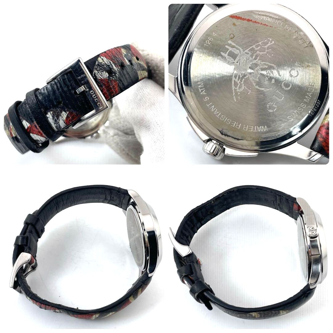 GUCCI G-Timeless Kingsnake Bee 38mm Black Dial Leather Band Watch 126.4 Japan