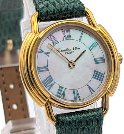 Christian Dior Paris Vintage Watch Shell Dial Gold Green Leather 25.8mm Swiss