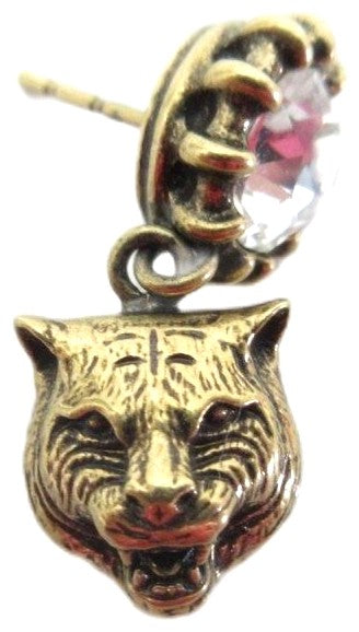 GUCCI Tiger Cat Head Drop Earrings Gold Tone Rhinestone Crystal Bijou Used