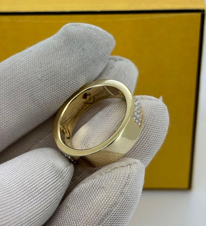Excellent Fendi Rhinestone F Logo Gold Tone Metal Ring Size M EU 52 US 6