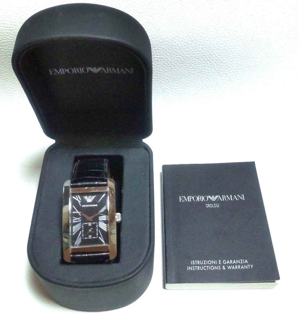 Emporio Armani AR-0143 Mens Quartz Watch Black Dial Silver Rectangle w/Box Used