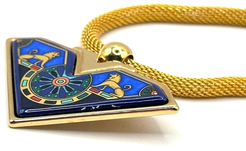 Michaela Frey Wien Enamel Pendant Necklace Blue Gold Mesh Chain 17.7in Austria