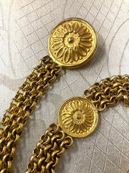 CELINE Vintage Gold Tone Chain Belt Flower Medallion Sunburst Motif 35.0in Auth