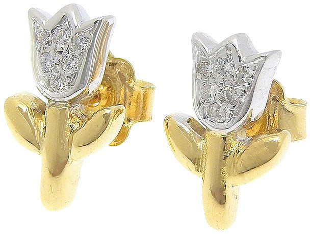TOUS Tulip Motif Diamond Stud Earrings K18YG 18K Yellow Gold White Gold Mint