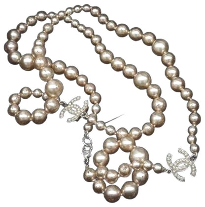 CHANEL Long Pearl Necklace CC Logo Cream Faux Pearl Silver HW 90cm 35.4" Used