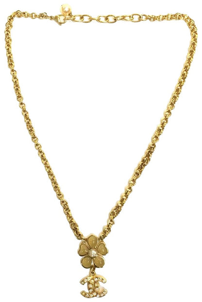 CHANEL CC Logo Flower Pendant Necklace Gold Tone Crystal Cream Enamel Authentic