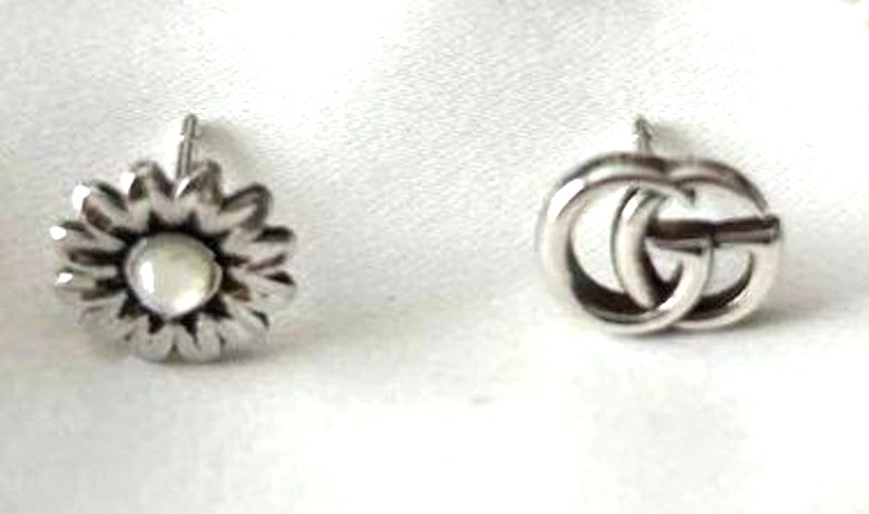 GUCCI Double G GG Marmont Flower Mismatch Stud Earrings Silver 925 Authentic